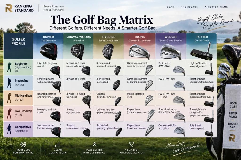Golf Bag Matrix comparing recommended drivers, fairway woods, hybrids, irons, wedges, and putters by golfer skill level.