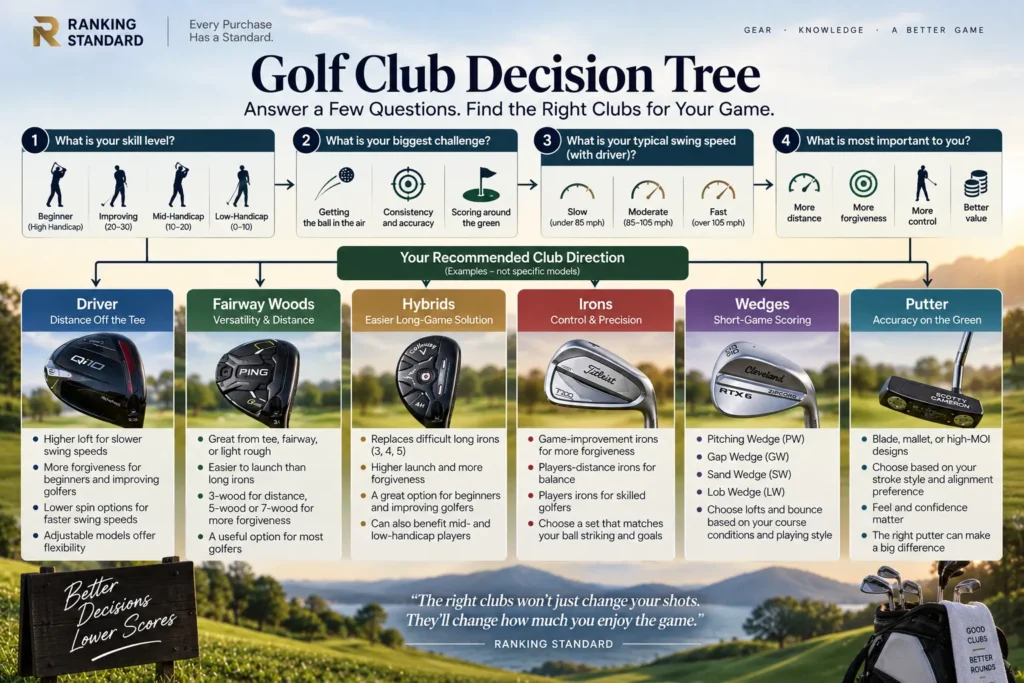 Golf club decision tree helping golfers choose clubs based on skill level, swing speed, weaknesses, forgiveness, and control.
