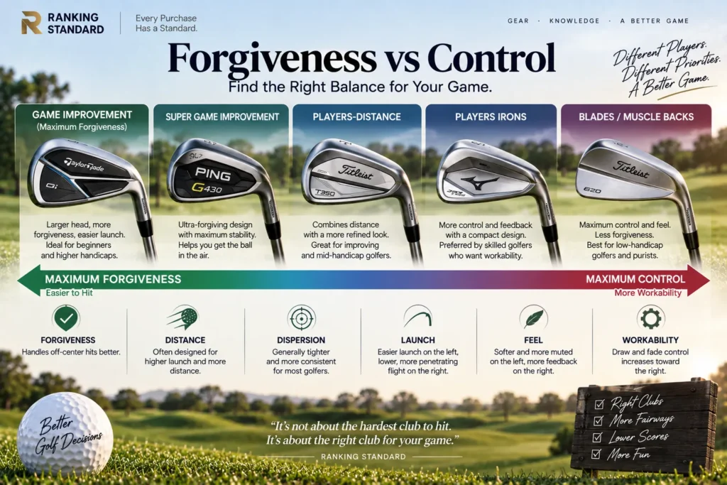 Golf iron comparison showing the progression from maximum forgiveness to maximum control across game-improvement, players-distance, players irons, and blades.