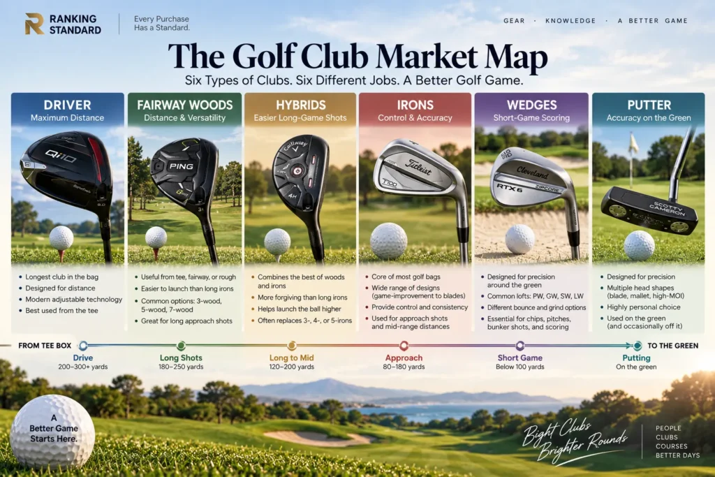 Golf club market map comparing drivers, fairway woods, hybrids, irons, wedges, and putters by purpose and shot type.