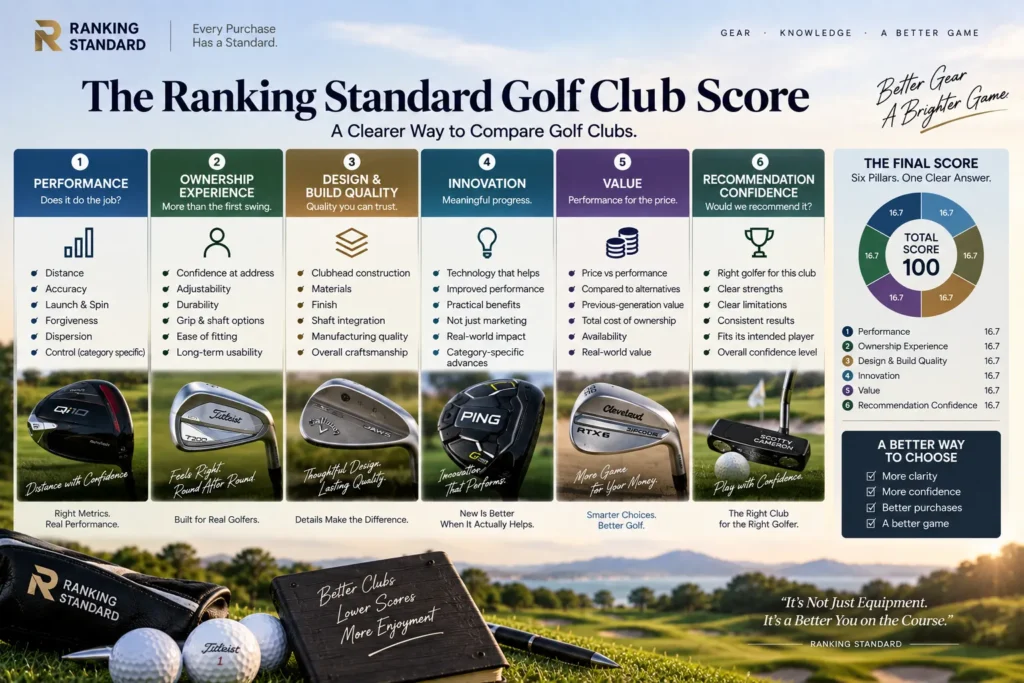 Ranking Standard golf club scoring framework evaluating performance, ownership experience, design, innovation, value, and recommendation confidence.
