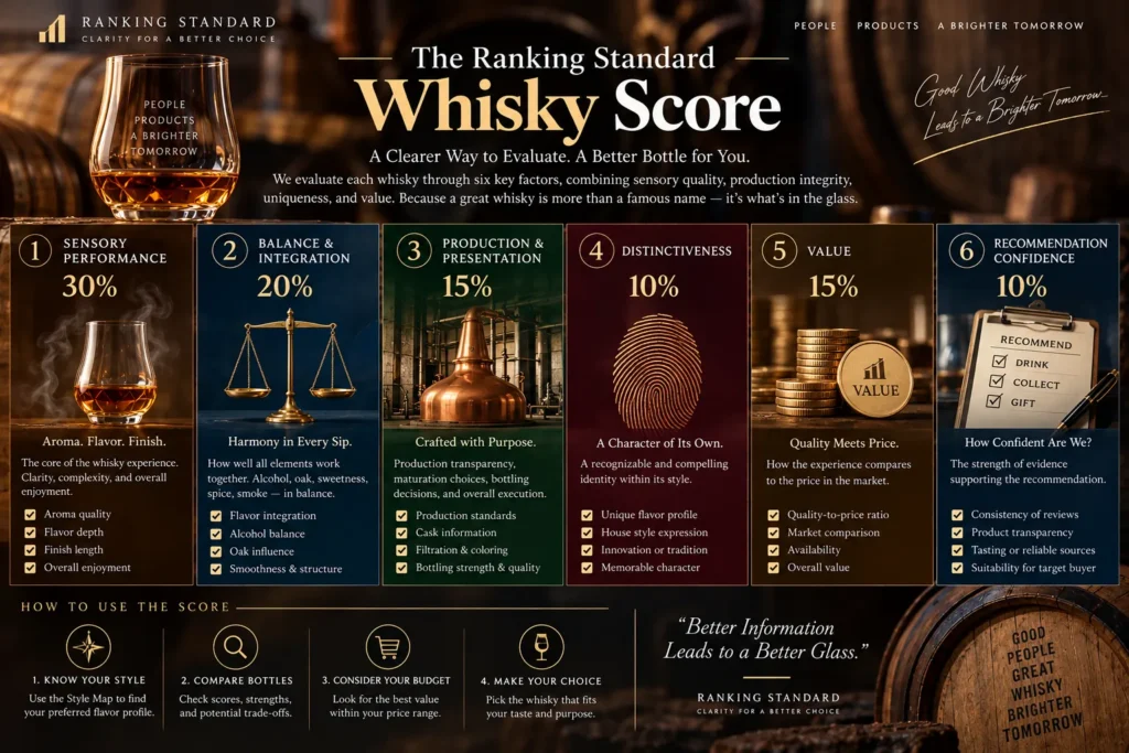 Six-factor whisky evaluation framework showing sensory performance 30%, balance 20%, production 15%, distinctiveness 10%, value 15%, and recommendation confidence 10%.