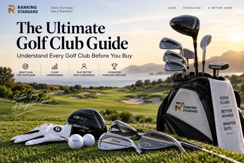 Complete set of golf clubs on a golf course including driver, woods, irons, wedges, and putter.