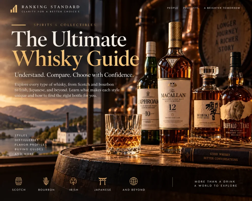 Premium whisky bottles and a crystal glass displayed in a traditional distillery, representing Scotch, bourbon, Irish and Japanese whisky.