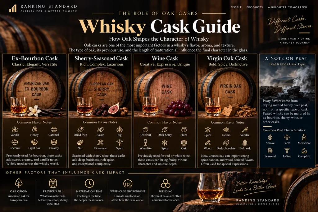 Comparison of ex-bourbon, sherry-seasoned, wine, and virgin oak whisky casks and their common flavor influences.