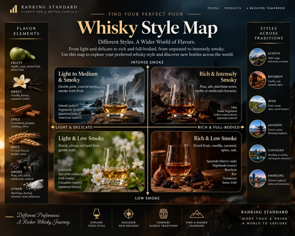 Whisky flavor matrix comparing light and delicate, rich and full-bodied, low-smoke, and intensely smoky whisky styles.