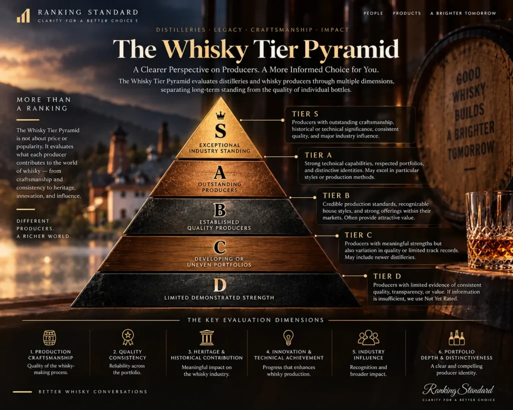 Ranking Standard whisky producer tier pyramid showing S, A, B, C, and D levels based on craftsmanship, consistency, heritage, innovation, and industry influence.